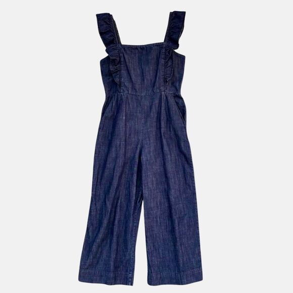 GAP Ruffle Apron Jumpsuit Women’s Size 10 P Chopped Wide Legs Blue Denim Pockets - Picture 5 of 8